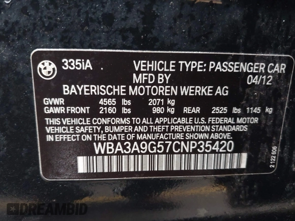 2012 BMW 3 Series 335i z VIN WBA3A9G57CNP35420, wystawiony jako IAAI lot #41449784 z przebiegiem 100 692 mil mil oraz . Historia ofert i sprzedaży dostępna na DreamBid. Obrazek 9.