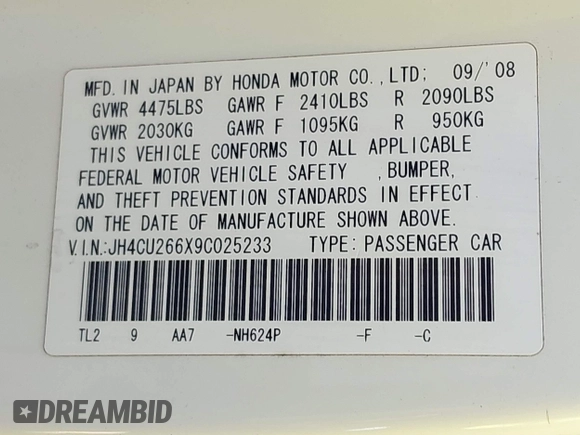2009 Acura TSX with VIN JH4CU266X9C025233, listed as a IAAI auction lot 41871889 with 198,408 mi miles. Bid and sale history available at carsss.com. Image 9.