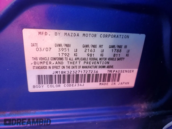 2007 Mazda 3 s Sport with VIN JM1BK323271727236, listed as a Copart auction lot 76995974 with 178,000 mi miles and Salvage Title. Bid and sale history available at carsss.com. Image 14.