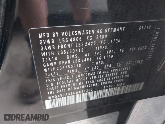 2012 Volkswagen Tiguan SE with VIN WVGAV7AX9CW611202, listed as a IAAI auction lot 41944210 with 118,002 mi miles and . Bid and sale history available at DreamBid. Image 9.