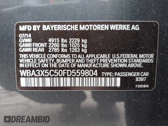 2015 BMW 3 Series 328i Gran Turismo xDrive with VIN WBA3X5C50FD559804, listed as a IAAI auction lot 41902204 with 88,891 mi miles and . Bid and sale history available at DreamBid. Image 9.