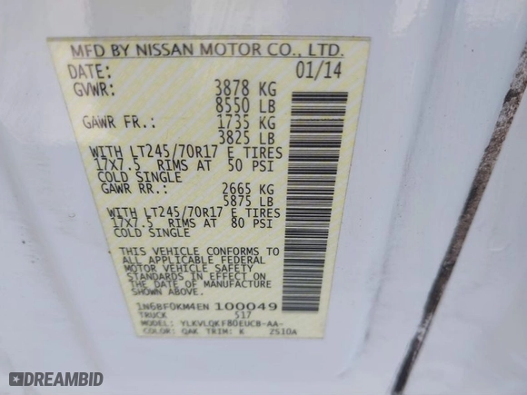 2014 Nissan NV S with VIN 1N6BF0KM4EN100049, listed as a IAAI auction lot 41779361 with 111,181 mi miles. Bid and sale history available at carsss.com. Image 9.