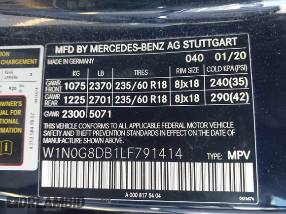 2020 Mercedes-Benz GLC 300 with VIN W1N0G8DB1LF791414, listed as a IAAI auction lot 42321131 with 82,775 mi miles and . Bid and sale history available at DreamBid. Image 9.