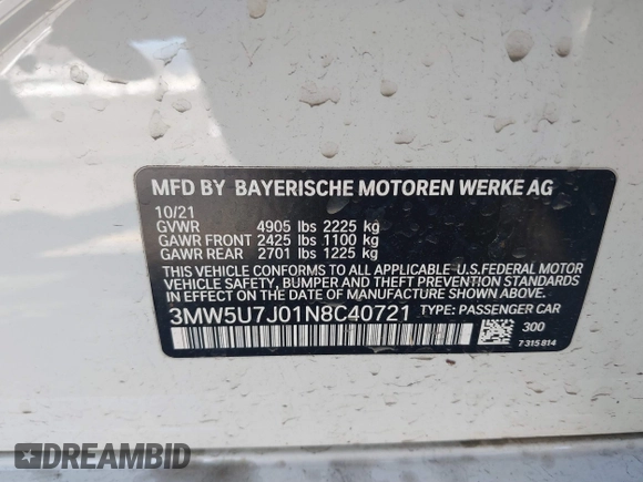 2022 BMW 3 Series M340i with VIN 3MW5U7J01N8C40721, listed as a IAAI auction lot 41651842 with 31,756 mi miles. Bid and sale history available at carsss.com. Image 9.