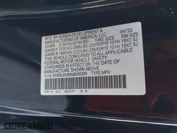 2022 Honda Odyssey Elite z VIN 5FNRL6H99NB066589, wystawiony jako IAAI lot #41868201 z przebiegiem 79 113 mil mil oraz . Historia ofert i sprzedaży dostępna na DreamBid. Obrazek 9.