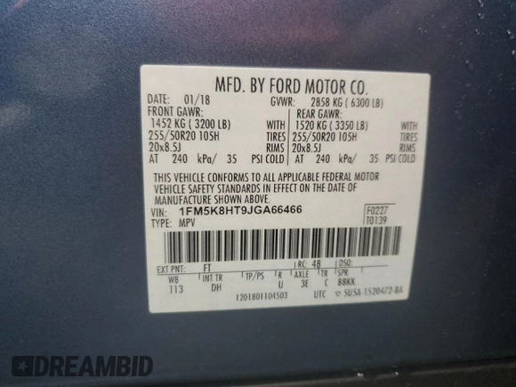 2018 Ford Explorer Platinum z VIN 1FM5K8HT9JGA66466, wystawiony jako Copart lot #56794895 z przebiegiem 84 733 mil mil oraz Szkoda całkowita • Salvage title. Historia ofert i sprzedaży dostępna na DreamBid. Obrazek 13.