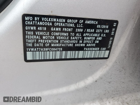 2015 Volkswagen Passat Limited Edition Edition z VIN 1VWAT7A39FC084725, wystawiony jako Copart lot #57993735 z przebiegiem 84 418 mil mil oraz Szkoda całkowita • Salvage title. Historia ofert i sprzedaży dostępna na DreamBid. Obrazek 12.