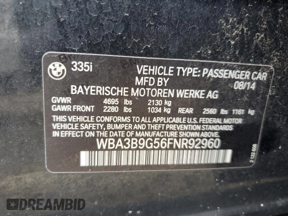 2015 BMW 3 Series 335i xDrive with VIN WBA3B9G56FNR92960, listed as a Copart auction lot 60963875 with 135,624 mi miles and Salvage title. Bid and sale history available at DreamBid. Image 12.