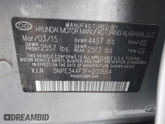 2015 Hyundai Sonata Limited with VIN 5NPE34AF3FH200664, listed as a IAAI auction lot 41870793 with 133,032 mi miles and . Bid and sale history available at DreamBid. Image 9.