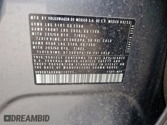 2022 Volkswagen Tiguan SE R-Line Black z VIN 3VVCB7AXXNM113777, wystawiony jako Copart lot #58150395 z przebiegiem 61 921 mil mil oraz Szkoda całkowita • Salvage title. Historia ofert i sprzedaży dostępna na DreamBid. Obrazek 14.