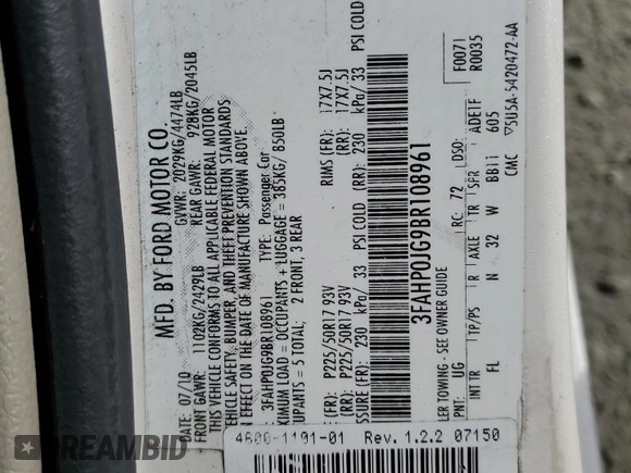 2011 Ford Fusion SEL with VIN 3FAHP0JG9BR108961, listed as a Copart auction lot 51023015 with 114,068 mi miles and Salvage Title. Bid and sale history available at carsss.com. Image 12.