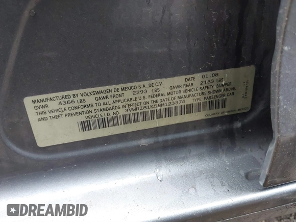 2008 Volkswagen Jetta SE with VIN 3VWRZ81K58M123374, listed as a IAAI auction lot 41787147 with 180,895 mi miles and . Bid and sale history available at DreamBid. Image 9.