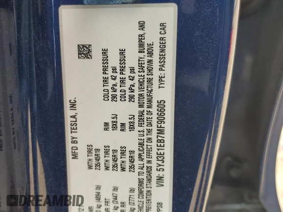 2021 Tesla Model 3 Long Range z VIN 5YJ3E1EB7MF906605, wystawiony jako Copart lot #55214665 z przebiegiem 101 182 mil mil oraz Szkoda całkowita • Salvage title. Historia ofert i sprzedaży dostępna na DreamBid. Obrazek 13.