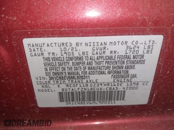 2021 Nissan Versa SV with VIN 3N1CN8EV6ML920311, listed as a IAAI auction lot 41765657 with 64,008 mi miles. Bid and sale history available at carsss.com. Image 9.