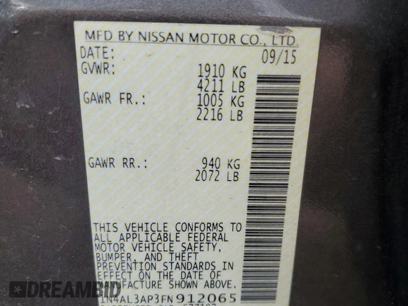2015 Nissan Altima SL with VIN 1N4AL3AP3FN912065, listed as a Copart auction lot 49301075 with 179,522 mi miles and Salvage Title. Bid and sale history available at DreamBid. Image 13.