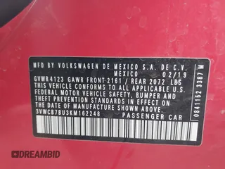 2019 Volkswagen Jetta S с VIN 3VWCB7BU3KM162248, выставлен на аукционе IAAI как лот 42238787 с пробегом 94 288 миль миль и . История ставок и продаж доступна на DreamBid. Изображение 9.