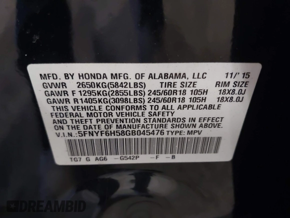 2016 Honda Pilot EX-L with VIN 5FNYF6H58GB045476, listed as a IAAI auction lot 42062966 with 102,290 mi miles. Bid and sale history available at carsss.com. Image 9.