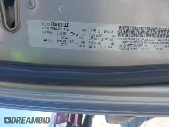 2017 Dodge Grand Caravan GT with VIN 2C4RDGEG3HR740797, listed as a IAAI auction lot 42110636 with 186,330 mi miles and . Bid and sale history available at DreamBid. Image 9.