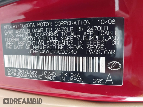 2009 Lexus SC 430 with VIN JTHFN45Y299020940, listed as a IAAI auction lot 41696619 with 90,044 mi miles and . Bid and sale history available at DreamBid. Image 9.