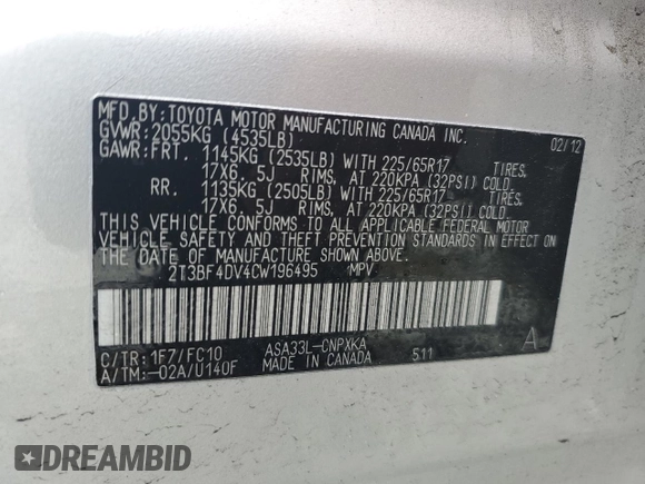 2012 Toyota RAV4 with VIN 2T3BF4DV4CW196495, listed as a Copart auction lot 58058505 with 116,329 mi miles and Salvage title. Bid and sale history available at DreamBid. Image 12.