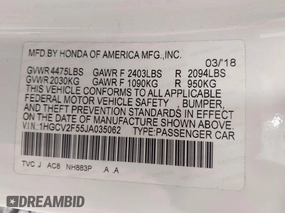 2018 Honda Accord EX-L z VIN 1HGCV2F55JA035062, wystawiony jako IAAI lot #42655072 z przebiegiem 55 437 mil mil oraz . Historia ofert i sprzedaży dostępna na DreamBid. Obrazek 9.