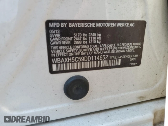 2013 BMW 5 Series 528i xDrive with VIN WBAXH5C59DD114652, listed as a Copart auction lot 59970575 with Not provided miles and Salvage title. Bid and sale history available at DreamBid. Image 13.