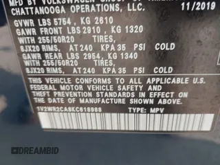 2019 Volkswagen Atlas SE with VIN 1V2WR2CA8KC618988, listed as a IAAI auction lot 42212845 with 60,481 mi miles and . Bid and sale history available at DreamBid. Image 9.