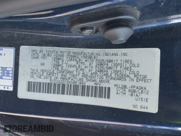 2004 Toyota Sienna XLE with VIN 5TDZA22C94S081042, listed as a IAAI auction lot 40532461 with 117,816 mi miles and . Bid and sale history available at DreamBid. Image 9.