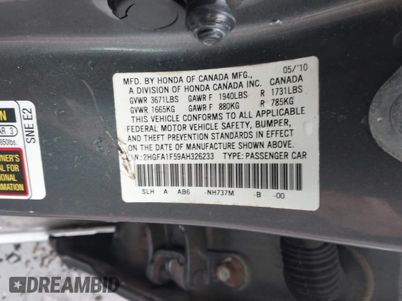 2010 Honda Civic LX with VIN 2HGFA1F59AH326233, listed as a IAAI auction lot 42190935 with 61,378 mi miles and . Bid and sale history available at DreamBid. Image 9.