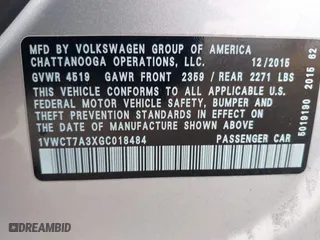 2016 Volkswagen Passat 1.8T SEL with VIN 1VWCT7A3XGC018484, listed as a IAAI auction lot 41763388 with 123,484 mi miles. Bid and sale history available at carsss.com. Image 9.