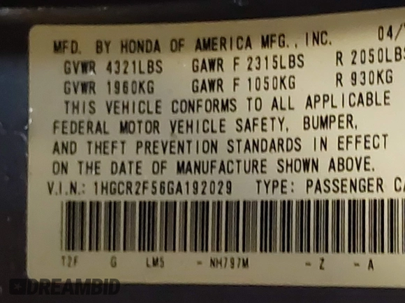 2016 Honda Accord Sport with VIN 1HGCR2F56GA192029, listed as a IAAI auction lot 42370827 with 76,679 mi miles and . Bid and sale history available at DreamBid. Image 9.