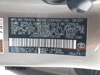 2008 Toyota Prius with VIN JTDKB20U487706165, listed as a IAAI auction lot 42087796 with 172,531 mi miles and . Bid and sale history available at DreamBid. Image 9.