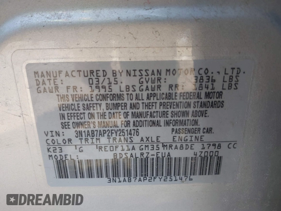 2015 Nissan Sentra SR with VIN 3N1AB7AP2FY251476, listed as a IAAI auction lot 42060323 with 114,474 mi miles and . Bid and sale history available at DreamBid. Image 9.