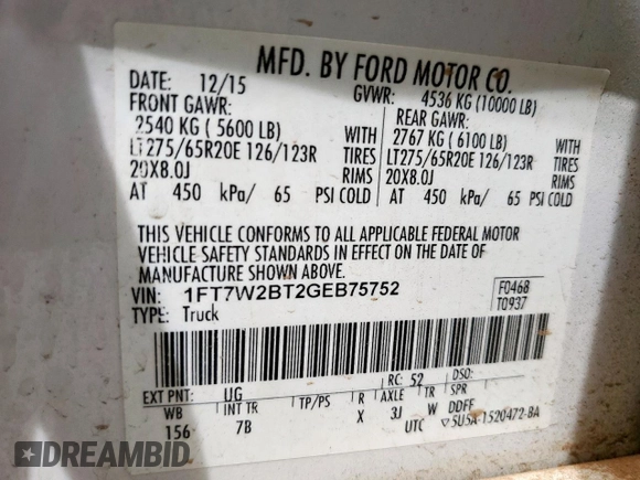 2016 Ford F-250 Lariat with VIN 1FT7W2BT2GEB75752, listed as a Copart auction lot 56924005 with 132,585 mi miles and Salvage title. Bid and sale history available at DreamBid. Image 13.