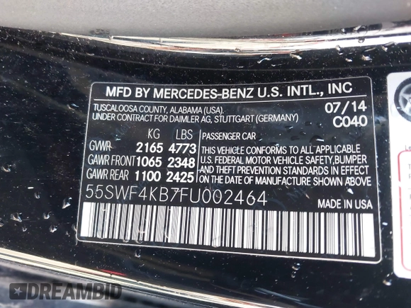 2015 Mercedes-Benz C 300 Luxury with VIN 55SWF4KB7FU002464, listed as a IAAI auction lot 41832373 with 88,000 mi miles and . Bid and sale history available at DreamBid. Image 9.