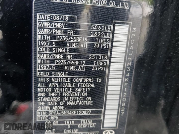 2019 Infiniti QX50 Essential z VIN 3PCAJ5M34KF120827, wystawiony jako Copart lot #57770895 z przebiegiem 145 537 mil mil oraz Szkoda całkowita • Salvage title. Historia ofert i sprzedaży dostępna na DreamBid. Obrazek 13.