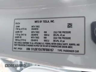 2024 Tesla Model 3 z VIN 5YJ3E1EA7RF866167, wystawiony jako IAAI lot #41785785 z przebiegiem 4 607 mil mil oraz . Historia ofert i sprzedaży dostępna na DreamBid. Obrazek 9.