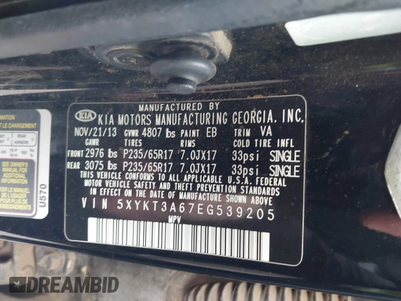 2014 Kia Sorento LX with VIN 5XYKT3A67EG539205, listed as a IAAI auction lot 41877741 with 177,446 mi miles. Bid and sale history available at carsss.com. Image 9.