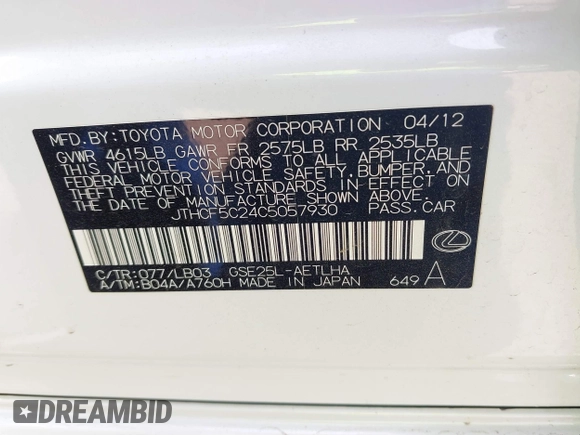 2012 Lexus IS 250 with VIN JTHCF5C24C5057930, listed as a IAAI auction lot 42251242 with 133,123 mi miles and . Bid and sale history available at DreamBid. Image 9.