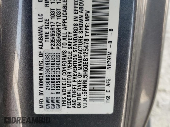 2014 Honda Odyssey EX-L with VIN 5FNRL5H60EB125478, listed as a Copart auction lot 59218355 with 165,928 mi miles and Salvage title. Bid and sale history available at DreamBid. Image 13.