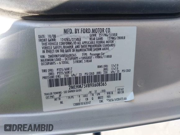 2009 Mercury Grand Marquis LS with VIN 2MEHM75V89X608365, listed as a IAAI auction lot 42055538 with Not Provided miles. Bid and sale history available at carsss.com. Image 9.