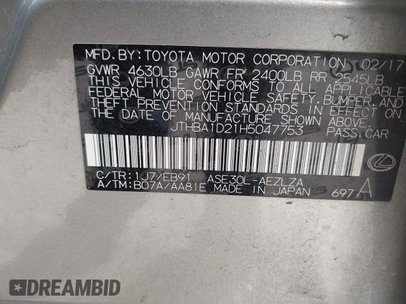 2017 Lexus IS 200t with VIN JTHBA1D21H5047753, listed as a IAAI auction lot 42007198 with 142,887 mi miles and . Bid and sale history available at DreamBid. Image 9.