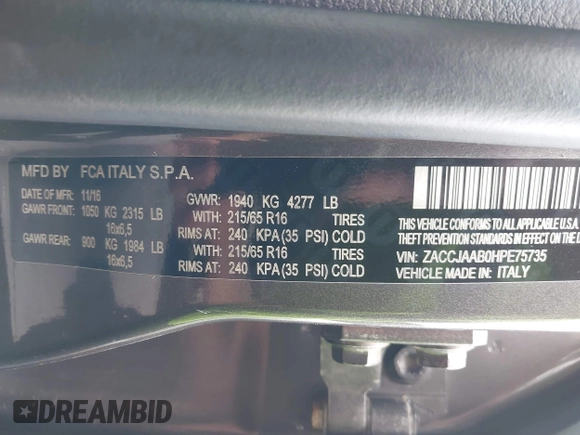 2017 Jeep Renegade Sport with VIN ZACCJAAB0HPE75735, listed as a IAAI auction lot 42420911 with 57,420 mi miles and . Bid and sale history available at DreamBid. Image 9.