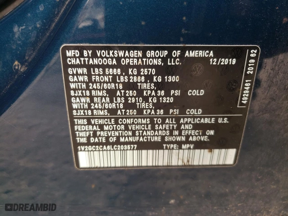 2020 Volkswagen Atlas Cross Sport 2.0T S with VIN 1V2GC2CA6LC203577, listed as a Copart auction lot 60723433 with 78,928 mi miles. Bid and sale history available at carsss.com. Image 13.