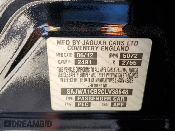 2012 Jaguar XJ with VIN SAJWA1CB2CLV38648, listed as a Copart auction lot 50264545 with Not Provided miles and Salvage Title. Bid and sale history available at DreamBid. Image 12.