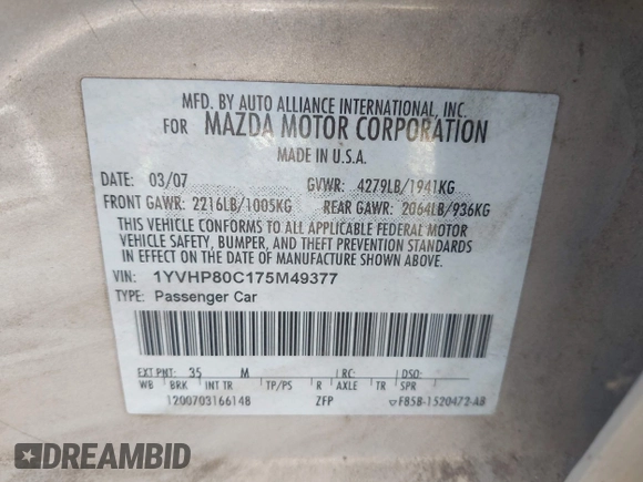 2007 Mazda 6 i Touring with VIN 1YVHP80C175M49377, listed as a IAAI auction lot 42089119 with 183,261 mi miles and . Bid and sale history available at DreamBid. Image 9.