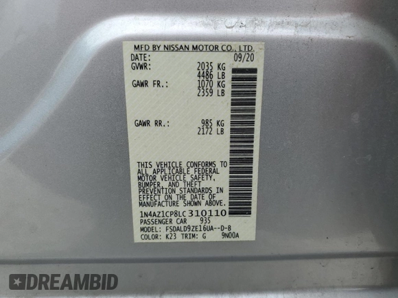 2020 Nissan LEAF SV с VIN 1N4AZ1CP8LC310110, выставлен на аукционе Copart как лот 54970945 с пробегом 39 671 миль миль и Чистый • Clean title. История ставок и продаж доступна на DreamBid. Изображение 12.