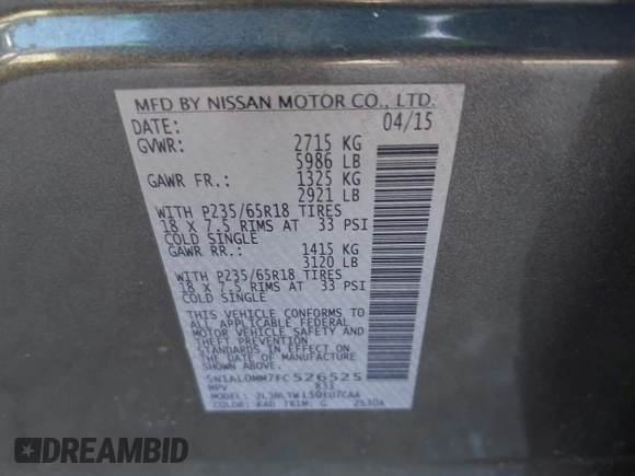 2015 Infiniti QX60 with VIN 5N1AL0MM7FC526525, listed as a IAAI auction lot 41356677 with 148,987 mi miles and . Bid and sale history available at DreamBid. Image 9.