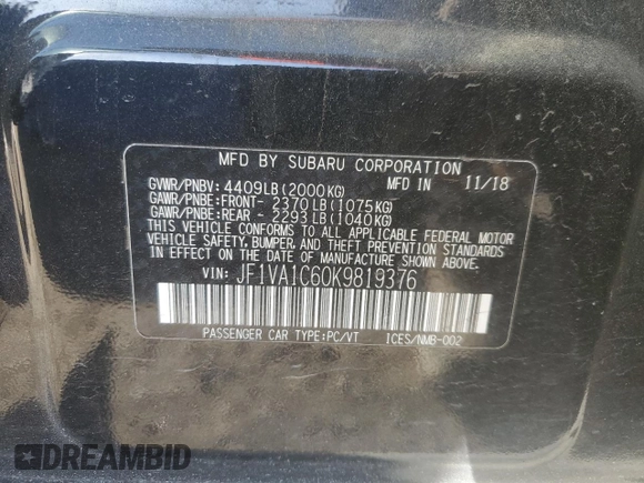 2019 Subaru WRX Premium with VIN JF1VA1C60K9819376, listed as a Copart auction lot 43376535 with 62,006 mi miles and Salvage Title. Bid and sale history available at carsss.com. Image 12.