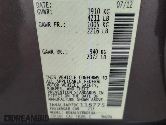 2013 Nissan Altima SL with VIN 1N4AL3AP7DC118775, listed as a Copart auction lot 61651955 with 124,993 mi miles and Salvage title. Bid and sale history available at DreamBid. Image 12.